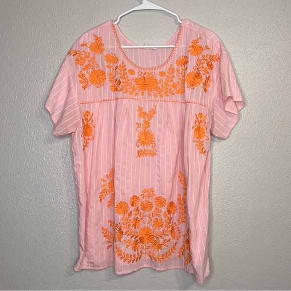 Layerz Clothing Womens Size 2XL Pink Striped Orange Embroidered Shirt Top - Picture 10 of 11